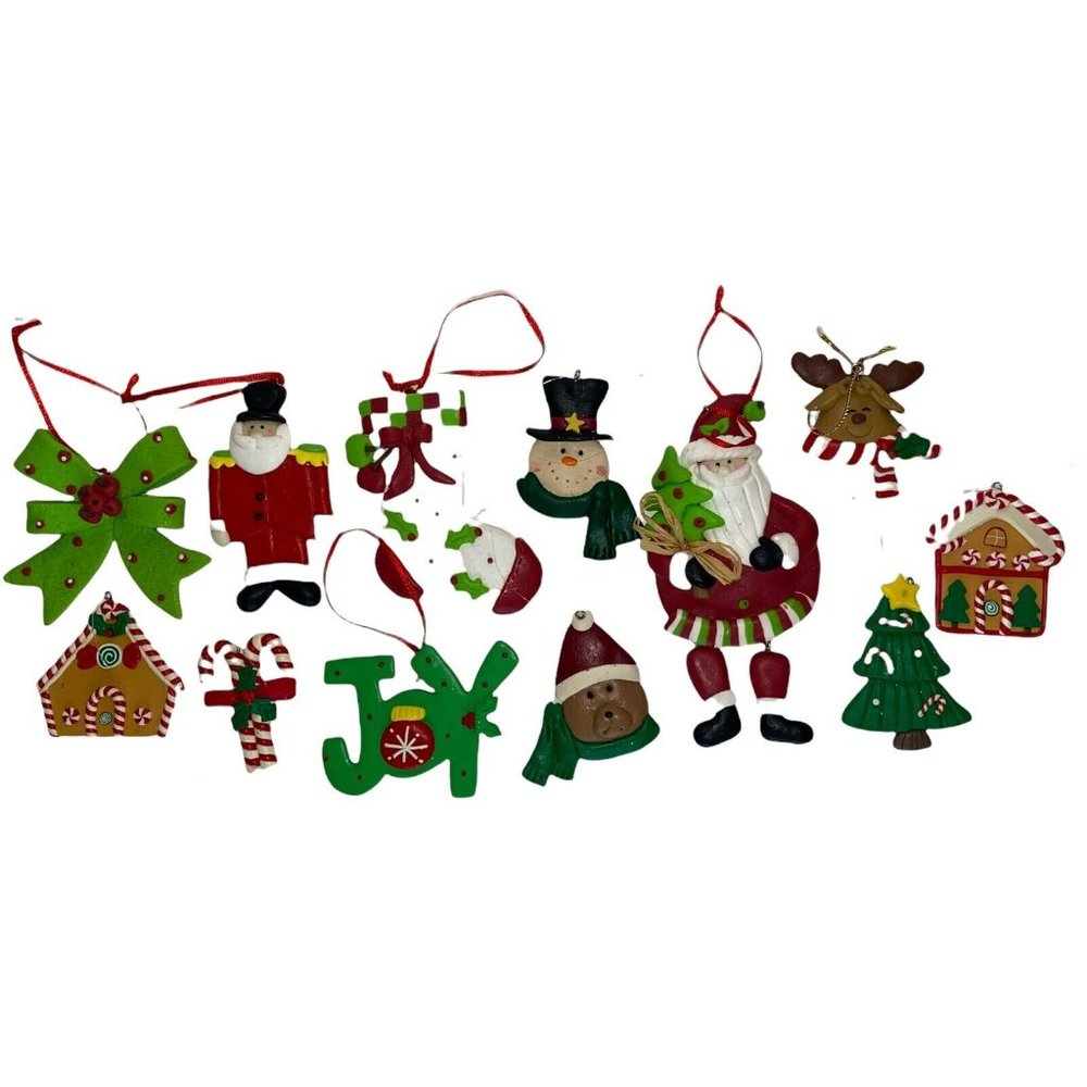 12 Vintage Clay Dough Christmas Tree Ornaments Santa Gingerbread Bears Stocking
